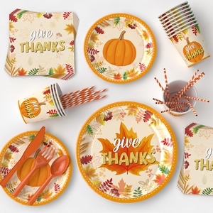 Assiettes et serviettes de table de luxe pour Thanksgiving avec nappes à thème citrouille d'automne - Articles de fête jetables écologiques très demandés - Product Image 5