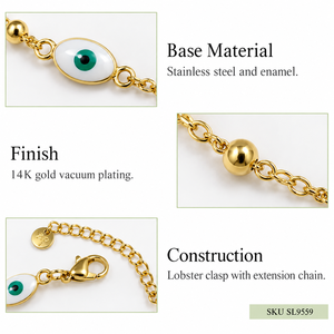 สร้อยข้อมือลายตาเคลือบสี  สแตนเลสสตีลและเคลือบสี  ตัวล็อคแบบก้ามปู สีทอง - Product Image 2