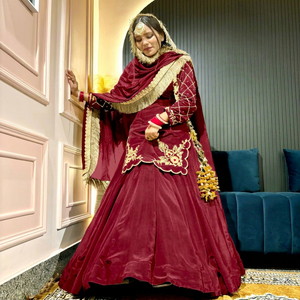Women's Maroon Polyester Embroidered Floor-Length Traditional Indian Pakistani Wedding <b>Dress</b> With Gold Trim Regular Fit - Product Image 1