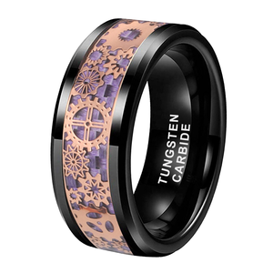 Bague en carbure de tungstène noir avec incrustation motif engrenage en or rose, alliance pour homme, design géométrique moderne - Product Image 1