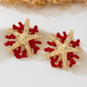 <b>Vintage</b> Trendy Women's <b>Earrings</b> <b>Gold</b> Starfish and Red Coral Pendant Alloy Jewelry - Product Image 5