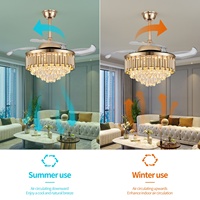 Ventilateur de plafond LED doré français de 42 pouces avec 4 pales, 6 vitesses, télécommande, cristal, intensité réglable pour usage domestique