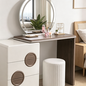 Ensemble de coiffeuse moderne avec miroir LED rond, armoire blanche et tabouret rayé, table de maquillage pour chambre à coucher - Product Image 2