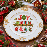 Assiette décorative en plastique de 13 pouces, imprimée UV, motif JOY, avec bordure dorée de luxe, pour la décoration de la salle à manger et du cheminée de Noël
