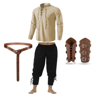 Ensemble de vêtements de cosplay pour homme sur le thème de la Renaissance pour Halloween, <span class=keywords><strong>4</strong></span> pièces, style médiéval, pantalon à bretelles, chemise et ceinture, accessoires de protection des poignets - Product Image 1
