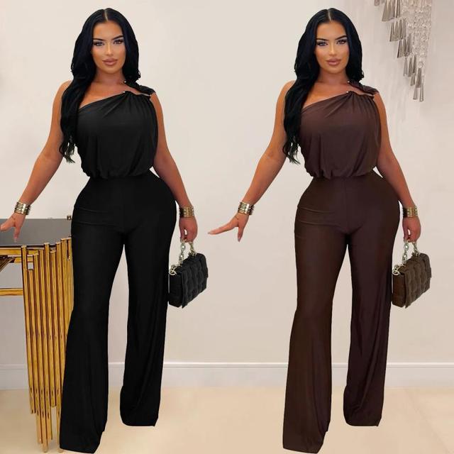 One Shoulder Slim Fit Wide Leg Jumpsuit for Women Satin Solid Color Elegant Party Romper