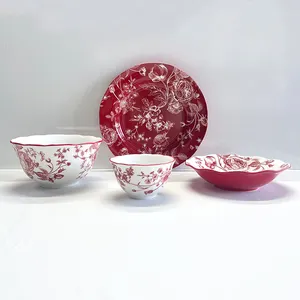 Fábrica produzir promocional cerâmica personalizado vermelho flor jantar prato sopa tigela louça conjunto