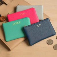 Porte-monnaie et porte-cartes en cuir personnalisé coloré, pochette à fermeture éclair avec monogramme pour cadeaux et voyages