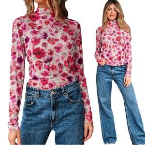 Dear-Lover Blusa de malla de manga larga con estampado floral rojo de moda para mujer, corte ajustado, estilo casual occidental, boutique, otoño primavera, teñido liso - Product Image 2