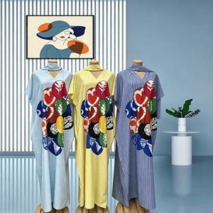 Robe <span class=keywords><strong>Africaine</strong></span> Grande Taille pour <span class=keywords><strong>Femme</strong></span>, Modèle Kafatan Boubou, Imprimé Rayé Abstrait, Tenue Traditionnelle Ethnique, Vente en Gros - Product Image 5