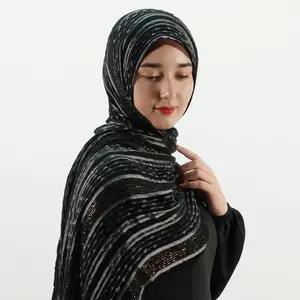 프리미엄 민족 사용자 정의 반짝이 실버 스트라이프 목도리 비스코스 스카프 소프트 저지 코튼 블랙 hijab 헤드 랩 이슬람 여성을위한