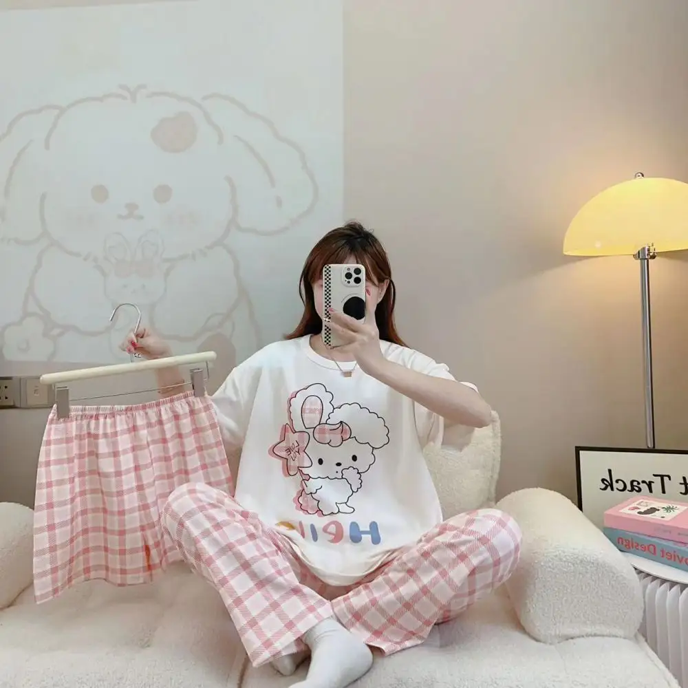 Nouveau Style dame dessin animé pyjamas trois pièces confortable imprimé maison porter à la mode fille pyjamas femmes décontracté 100% Polyester