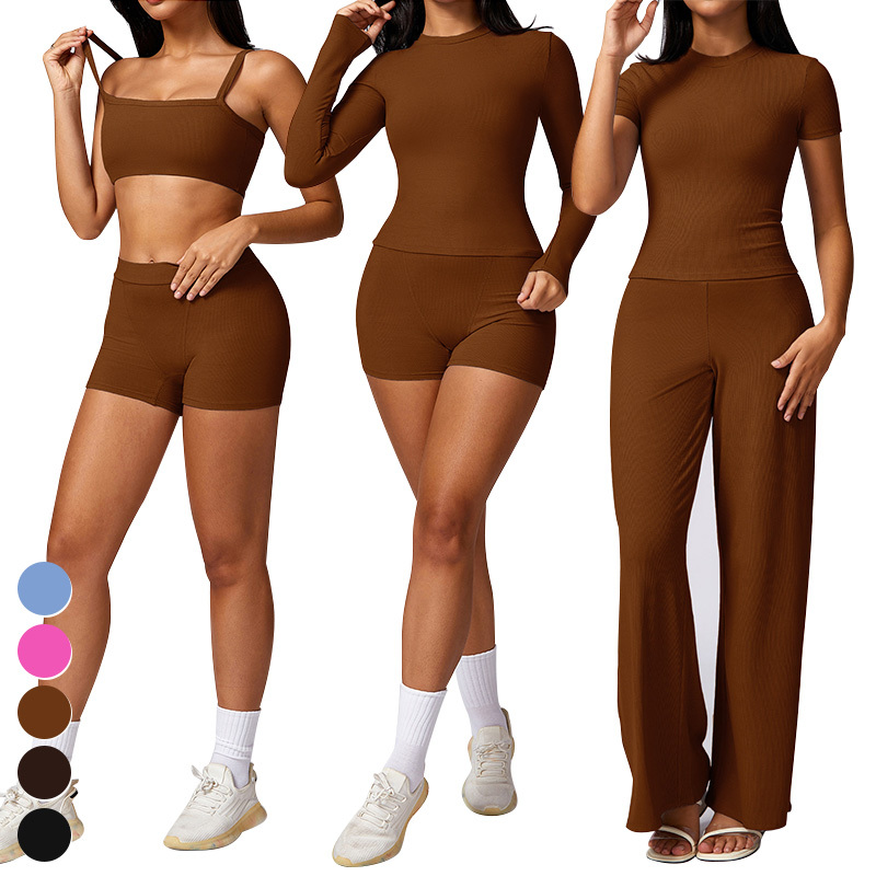 High Support Casual Tight Running Womens Set Quick Dry Workout Clothing 5 Piece Suit Ribbed Yoga Set Women Gym Fitness Sets