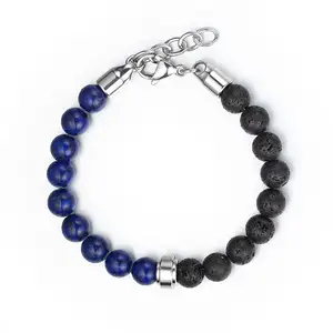 Großhandel Männer Schmuck Edelstahl Charm Lapislazuli und Lava Perlen Armband