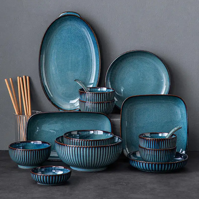High Quality Blue Porcelain Dinnerware Set Wholesale Nordic Style Europe Luxury Fine Dishes Plates Bowls Restaurant Stoneware