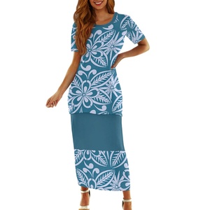 ハワイアントロピカルスタイルハイビスカスデザイン女性用2ピースセットSamoan PuletasiドレスプラスサイズセクシースプリットPuletasiナチュラルウォッシャブル - Product Image 1