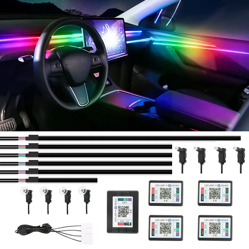 18 In 1 Full Color neon Car Ambient lighting RGB 64 Universal LED Interior fiber Acrylic Strip Symphony Atmosphere light for car