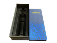 Boîte à vin de luxe en carton rigide personnalisée FUSSEN avec logo, deux pièces, estampage à chaud doré, insert en mousse moulée bleu mat, emballage