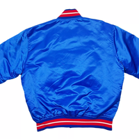 Blouson universitaire bleu bomber pour homme, style letterman, avec bordure en satin rayé, coupe oversize, vintage, baseball, logo personnalisé, vente en gros, finition brillante
