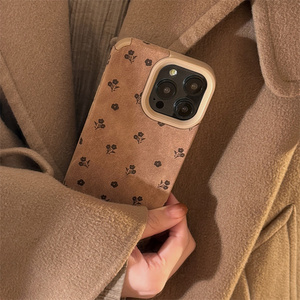 Black Little Flower Brown Faux Leather Mate a prueba de golpes UV pintado Ins Style Phone Case para 17 <span class=keywords><strong>Pro</strong></span> Max 16 Plus 15 14 13 12 Retro - Product Image 5