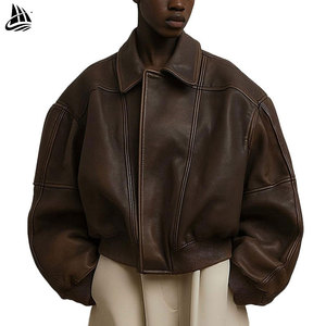 Full Zip up Turn Down Neck Vintage Casual <strong>Long</strong> Sleeve Oversized Baggy Brown <strong>Leather</strong> <strong>Jacket</strong> Boxy Bomber Pu <strong>Leather</strong> <strong>Jacket</strong> - Product Image 1