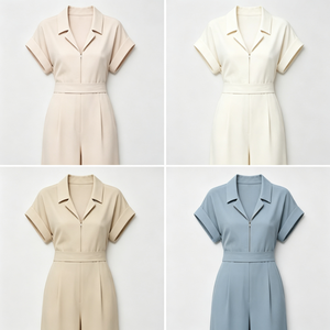 Combinaison d'été respirante pour <span class=keywords><strong>femme</strong></span>, personnalisable, à manches courtes, col rabattu, coupe ajustée, taille à nouer, jambes larges, pour le quotidien - Product Image 4