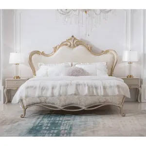 Tela Jacquard Retro francesa, cama doble de lujo, muebles de madera Europea maciza, tallas doradas, estilo tradicional suave