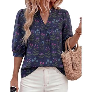 Chemise à fleurs pour femmes, manches courtes, col en V, style bohème, en mousseline de soie respirante, pour le printemps et l'été, décontractée, à porter tous les jours - Product Image 1