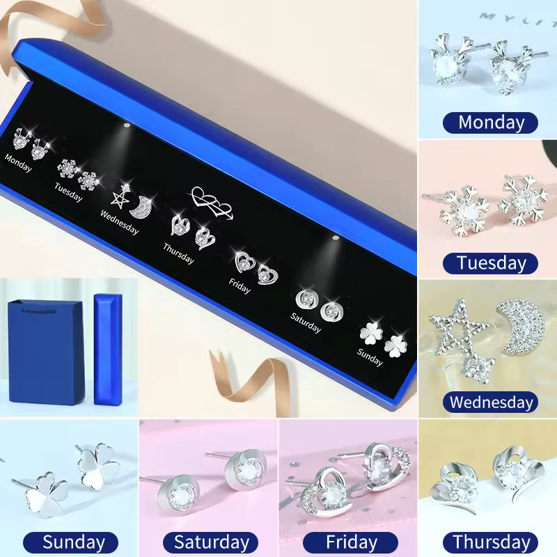 s925 weekly earrings+ gift box that lights up when opened