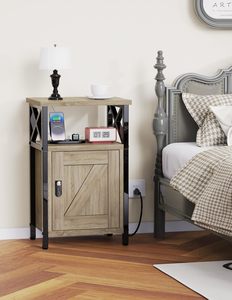 Table de chevet en bois gris avec station de charge 3 USB et 2 prises Table pour le rangement dans le salon Chambre à coucher pour l'organisation des outils - Product Image 2