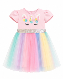 Adorable Vestido de Unicornio para Niñas con Apliques Florales 3D Coloridos, Cinturón Brillante y Falda de Tul Pastel Arcoíris - Product Image 4