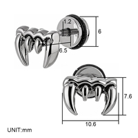 Boucles d'oreilles clous en acier inoxydable 316L, crocs de vampire, relief 3D, dents pointues, dos à vis, inaltérables, bijoux de piercing corporel