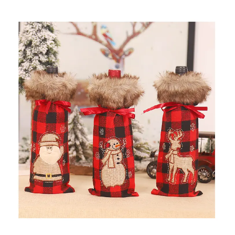 Hot sale Merry Christmas decoration Snowman Santa Ornaments Gift Plaid Candy Bottle Bags Decor Christmas Gift wine bottle cover