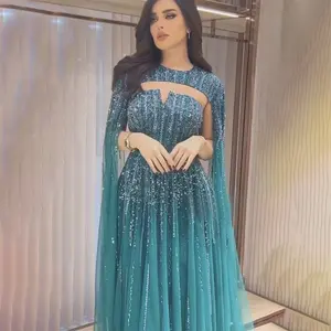 Green/Lilac/Fuchsia Arabic Cape Sleeves A Line Beaded Wedding Party Plus Size Evening Dresses 2023 Celebrity Gowns For Woman