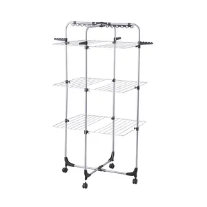 Factory Price Steel 3 Tier Towel Laundry Drying Home Standing With Dryer Hanger Portable Clothes With Wheels Rack