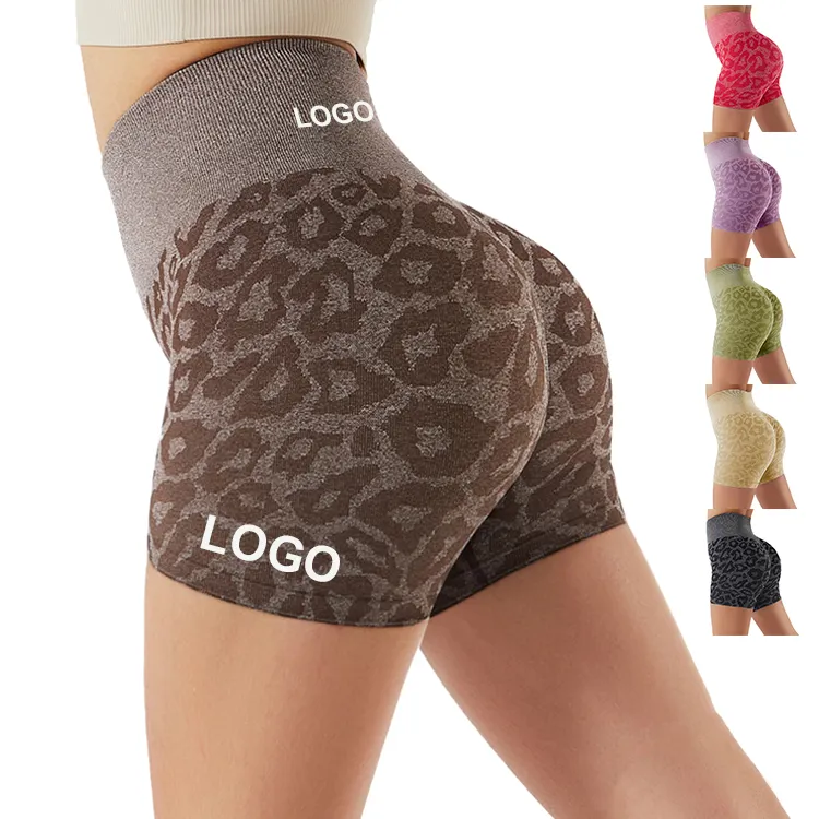 Custom Logo High Waisted Scrunch Butt Lift Leopard Print Gym Sport Activewear Seamless Women Leggings Yoga Shorts