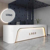 Bureau de réception en MDF multifonctionnel en forme de L incurvé, style moderne et minimaliste, avec éclairage LED, personnalisable, blanc, pour bureau