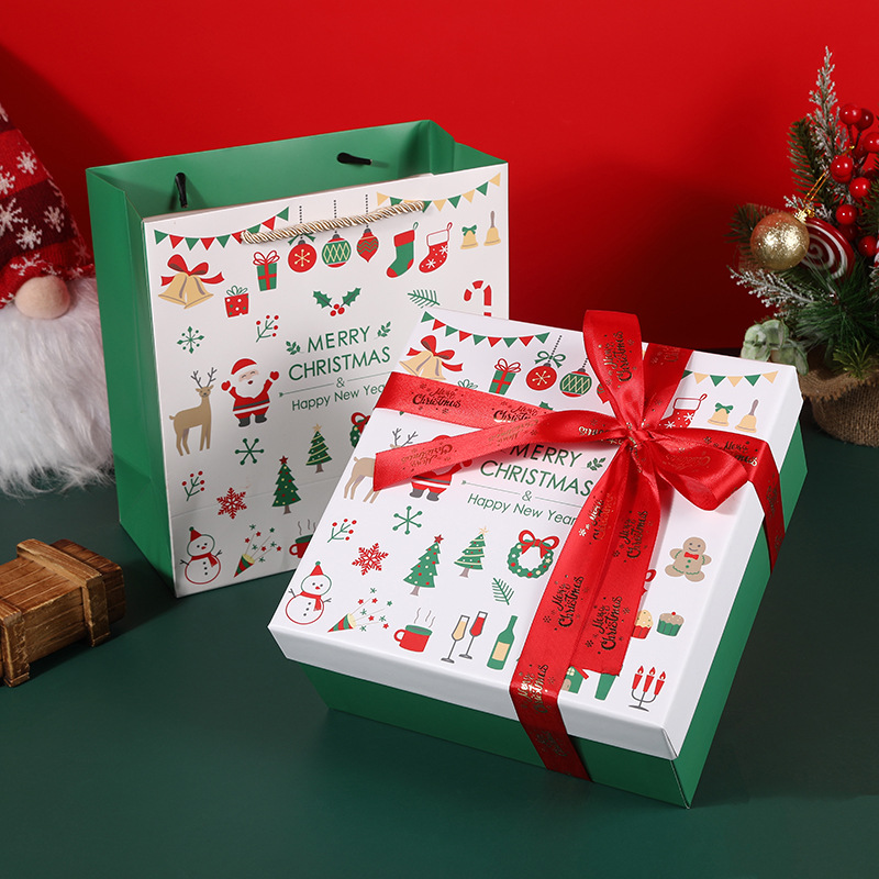 Caja navideña verde + bolsa + cinta roja