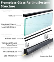 Système de balustrade en verre sans cadre avec profilé en U en acier inoxydable et aluminium, à fixation au sol par LED, pour balcon de villa, terrasse extérieure