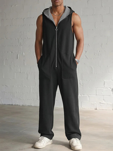 Tuta Intera Estiva da <span class=keywords><strong>Uomo</strong></span> Nera Senza Maniche con Cappuccio e Fodera a Righe, Leggera e Casual con Zip Integrale - Ultima Moda, Offerta Speciale - Product Image 1