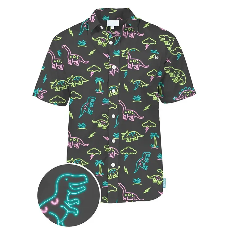 Roupas masculinas casuais de marca própria para férias, camisa havaiana com botões para homens, mais recente figura abstrata por atacado