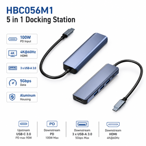Hub USB C 5 en 1 HBC056M1, Adaptador <span class=keywords><strong>HDMI</strong></span> 4K*60Hz con 100W PD <span class=keywords><strong>y</strong></span> 5Gbps de Datos, 3 <span class=keywords><strong>Puertos</strong></span> USB 3.0, Base de Conexión de Aluminio para Laptop - Product Image 2