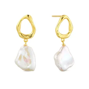 Gemnel solid 925 sterling silver 18k gold natural baroque freshwater pearl hammered drop earrings