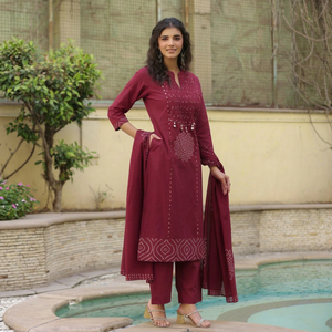 Twin Feet Women's Premium 100% Cotton Straight Kurti with Pant & Dupatta Suit Set with Printex & Mirror Work - Product Image 1