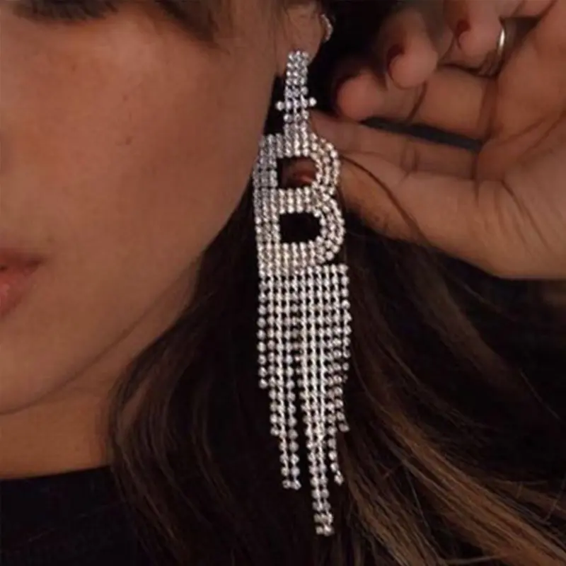 Exaggerated Silver Diamond Crystal Dangle Earrings A-Z 26 Initial Letter Rhinestone Long Tassel Earrings For Women Party