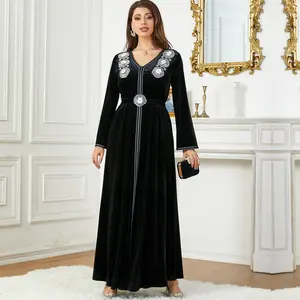 1804 Black velvet embroidered long sleeve abaya Muslim Kaftan women robes maxi length for Muslim women evening dress