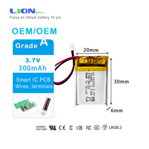 แบตเตอรี่ลิเธียมไอออนโพลิเมอร์คุณภาพสูง KC CB IEC Un38.3 รับรองมาตรฐาน 3.7V 300mAh 1.11Wh 602030 - Product Image 1