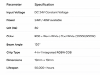 Nouveauté : Module LED COB 24W 1500-2500LM à tension constante 24V RGBW haute puissance avec CCT 3000-6500K pour éclairage commercial