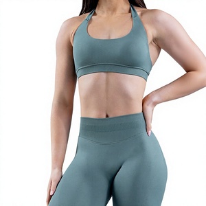 Ensemble de yoga uni pour femme, legging taille haute et crop top, sans couture, en Spandex et Polyester, 2 pièces, tenue de sport, col licou, fitness - Product Image 1