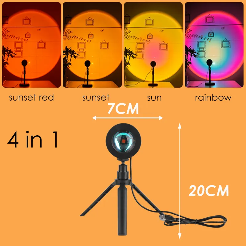 RGB Sunset Light USB Sunset Projector Lamp Atmosphere Led Night Light For Bedroom Store Wall Photography Background With Tripod